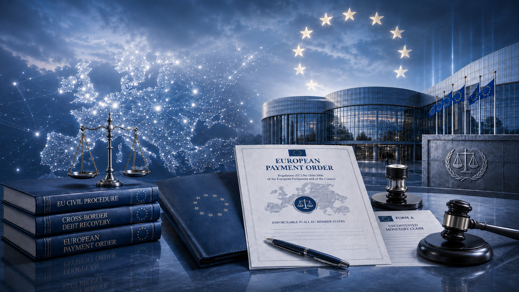 Europäischer Zahlungsbefehl, EU-Symbole, Rechtsdokumente, Waage und Richterhammer für grenzüberschreitende Forderungen