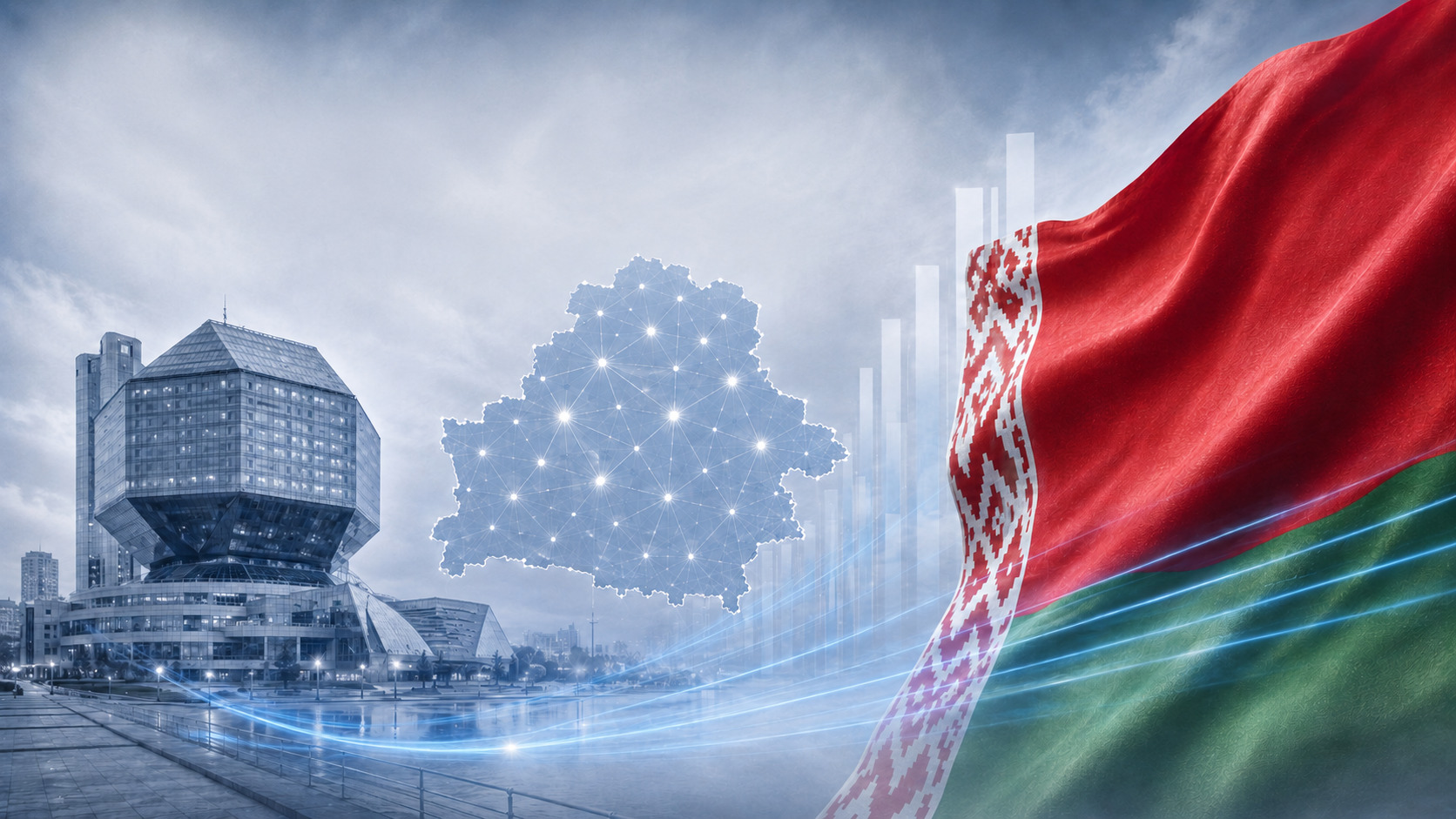 Windykacja na Białorusi — ilustracja z flagą narodową, mapą kraju i charakterystyczną lokalną architekturą.