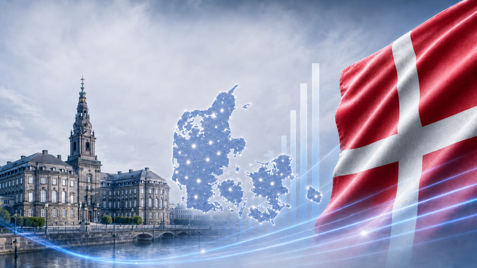 Recouvrement de créances au Danemark — illustration avec le drapeau national, la carte du pays et une architecture locale caractéristique.