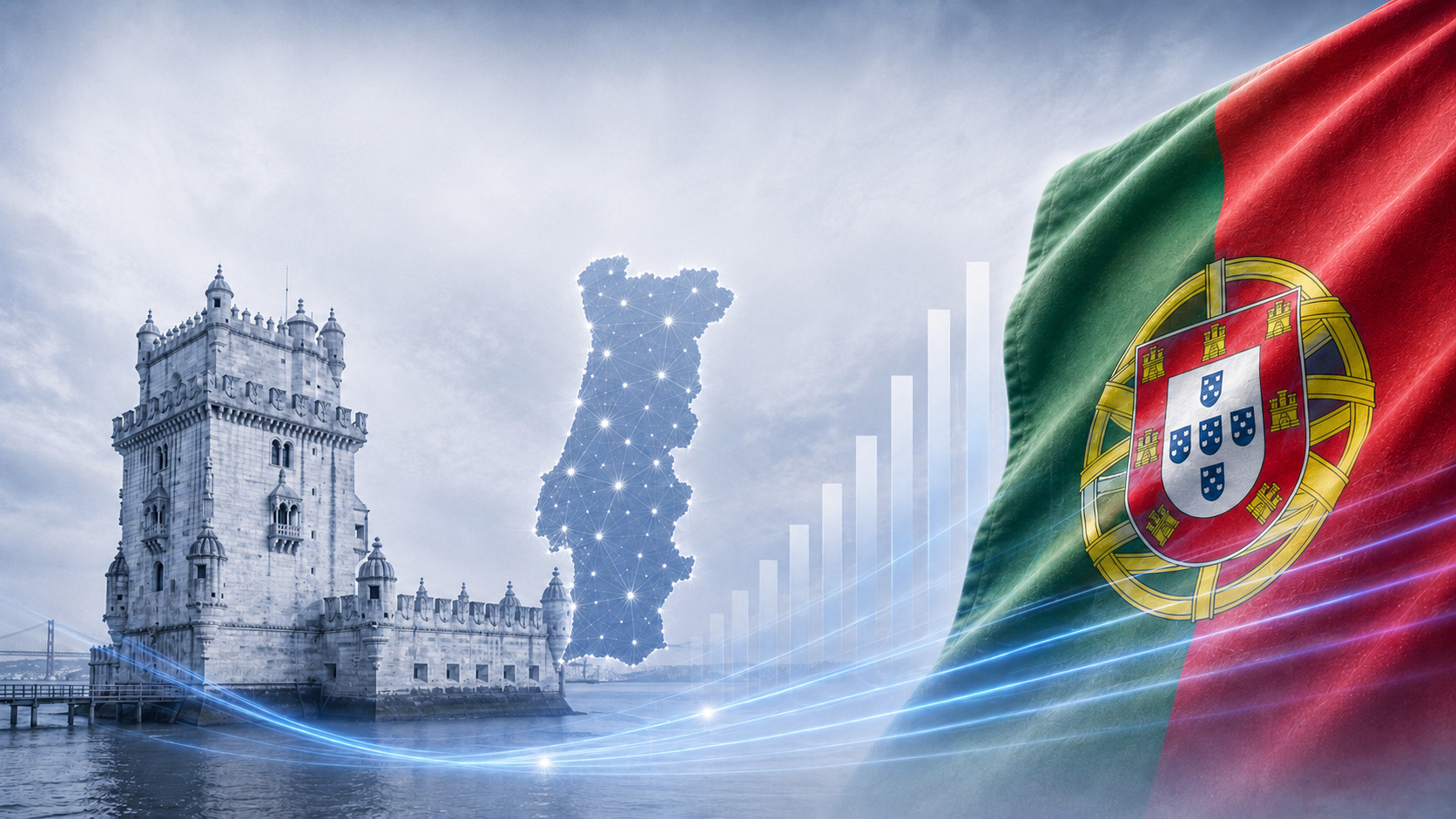 Inkasso in Portugal – Illustration mit Nationalflagge, Landkarte und charakteristischer lokaler Architektur.