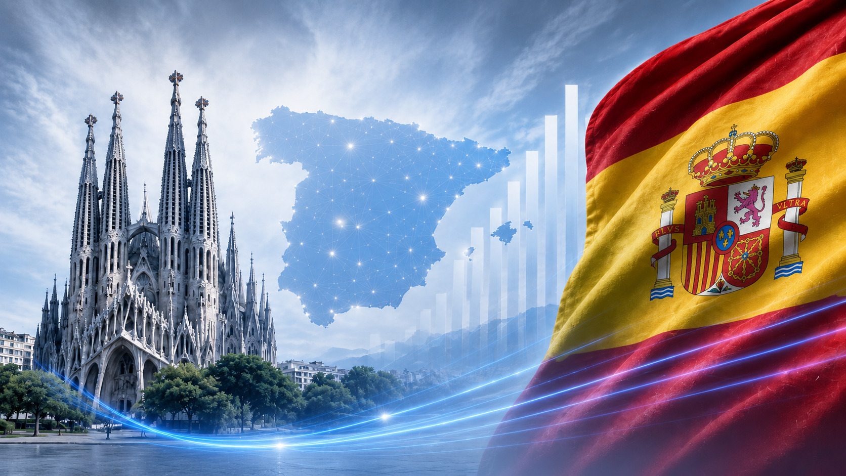 Cobrança de dívidas em Espanha — ilustração com a bandeira nacional, o mapa do país e arquitetura local característica.