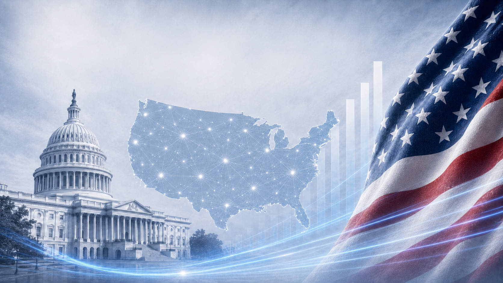 Windykacja w USA — ilustracja z flagą narodową, mapą kraju i charakterystyczną lokalną architekturą.
