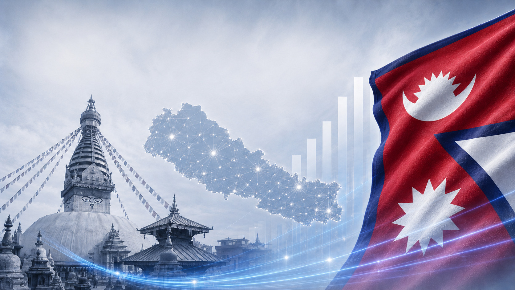 Debt collection in Nepal with the national flag, country map and Swayambhunath Stupa in Kathmandu