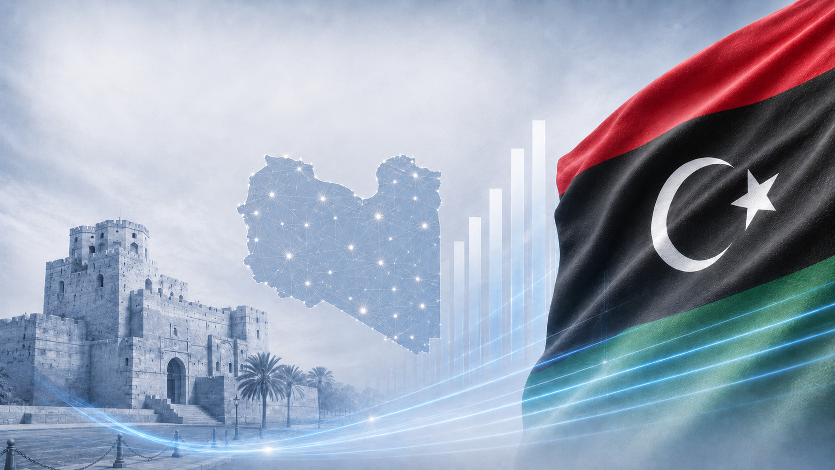 Libya’da alacak tahsilatı — ulusal bayrak, ülke haritası ve ülkeye özgü yerel mimari içeren illüstrasyon.