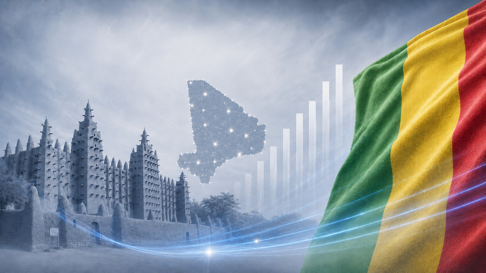 Malian flag, map of Mali and Great Mosque of Djenné illustrating debt collection in Mali