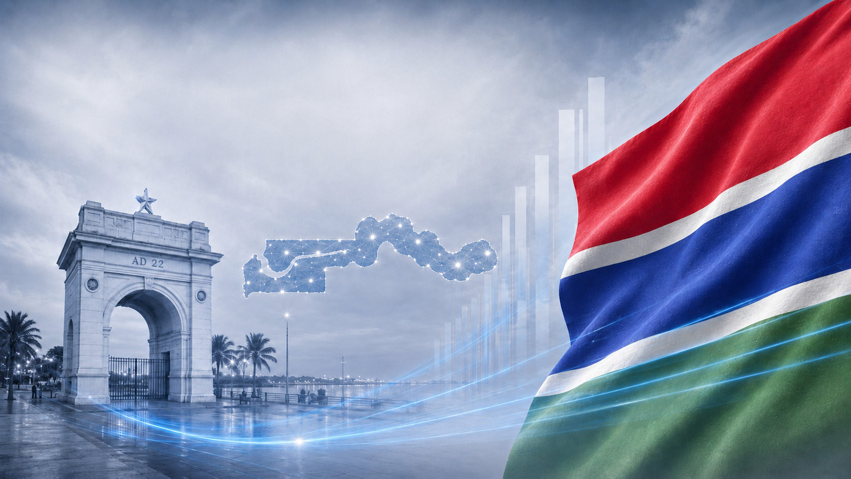 Gambian flag, map of Gambia and stylized commemorative arch illustrating debt collection in Gambia