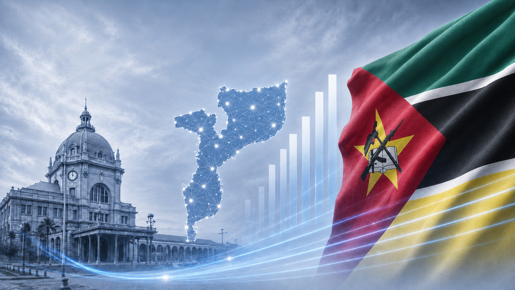 Cobrança de dívidas em Moçambique — ilustração com a bandeira nacional, o mapa do país e arquitetura local característica.