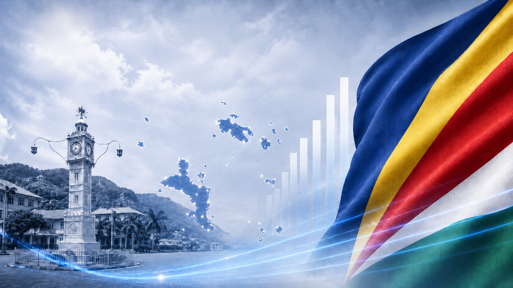 Debt collection in Seychelles with Grandliga International, Seychelles flag, map outline and Victoria clock tower