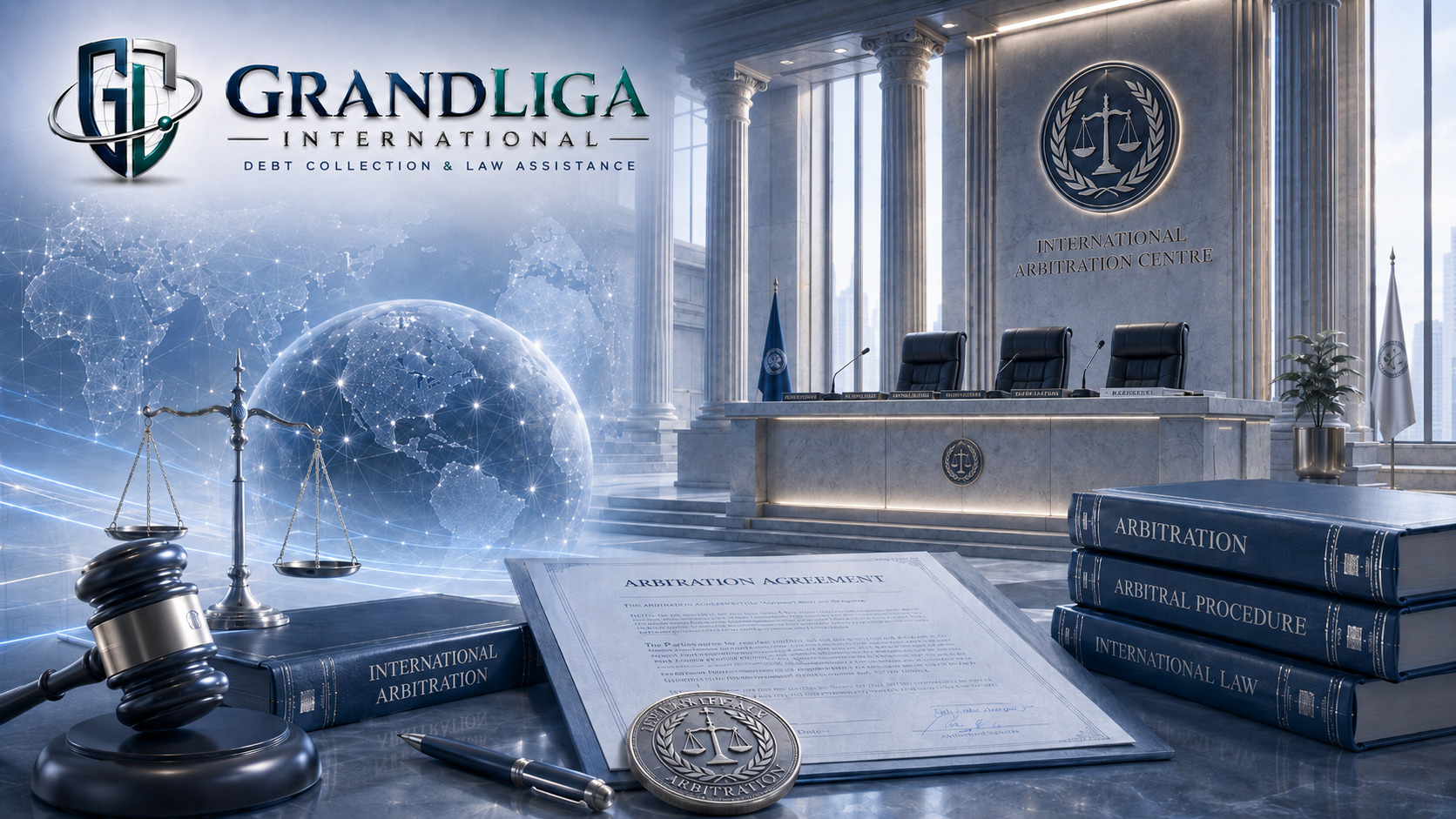 Arbitration tribunal, agreement, gavel and scales for international dispute resolution