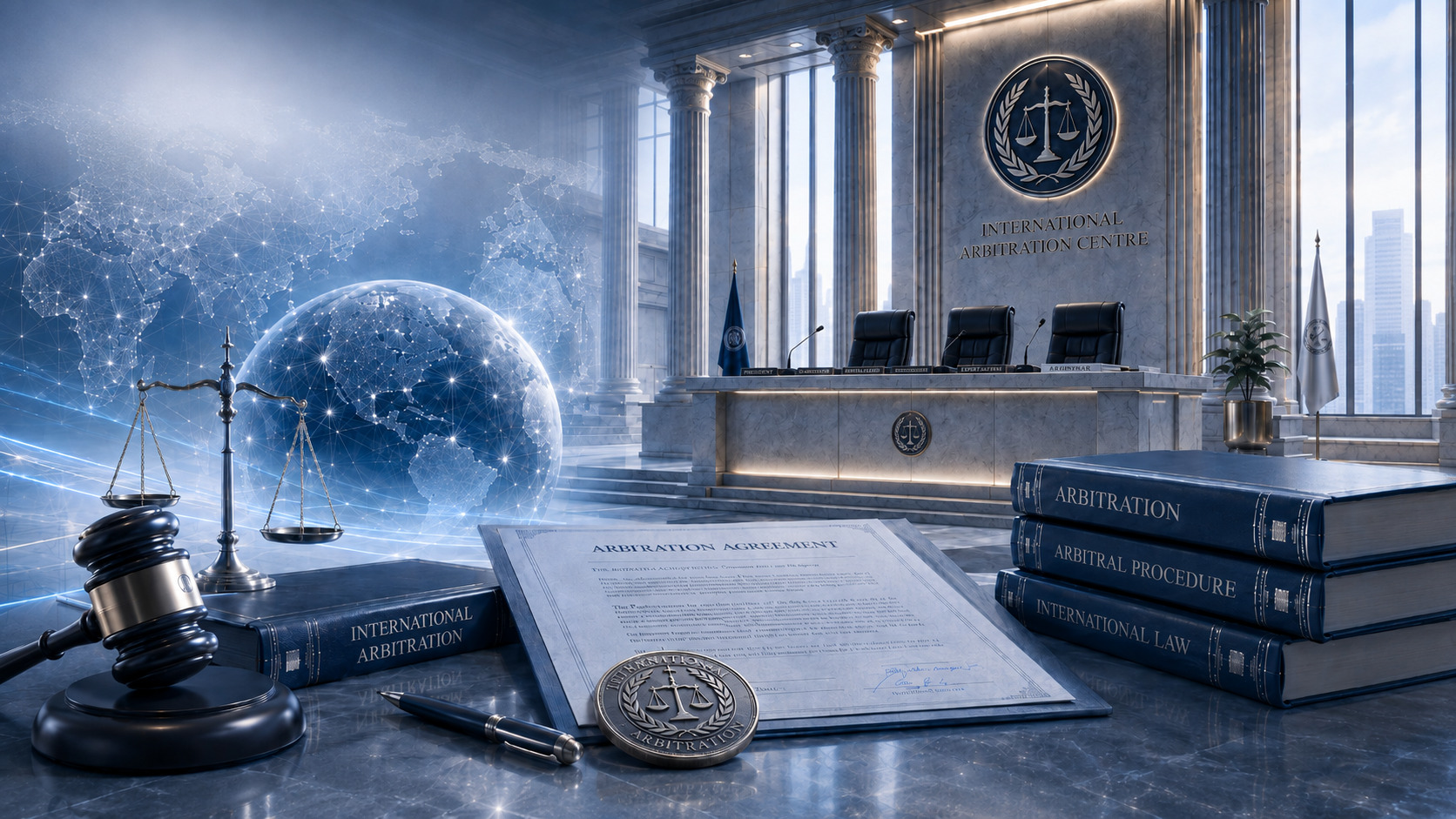 Międzynarodowy trybunał arbitrażowy, umowa arbitrażowa, młotek i waga sprawiedliwości w globalnym kontekście prawnym