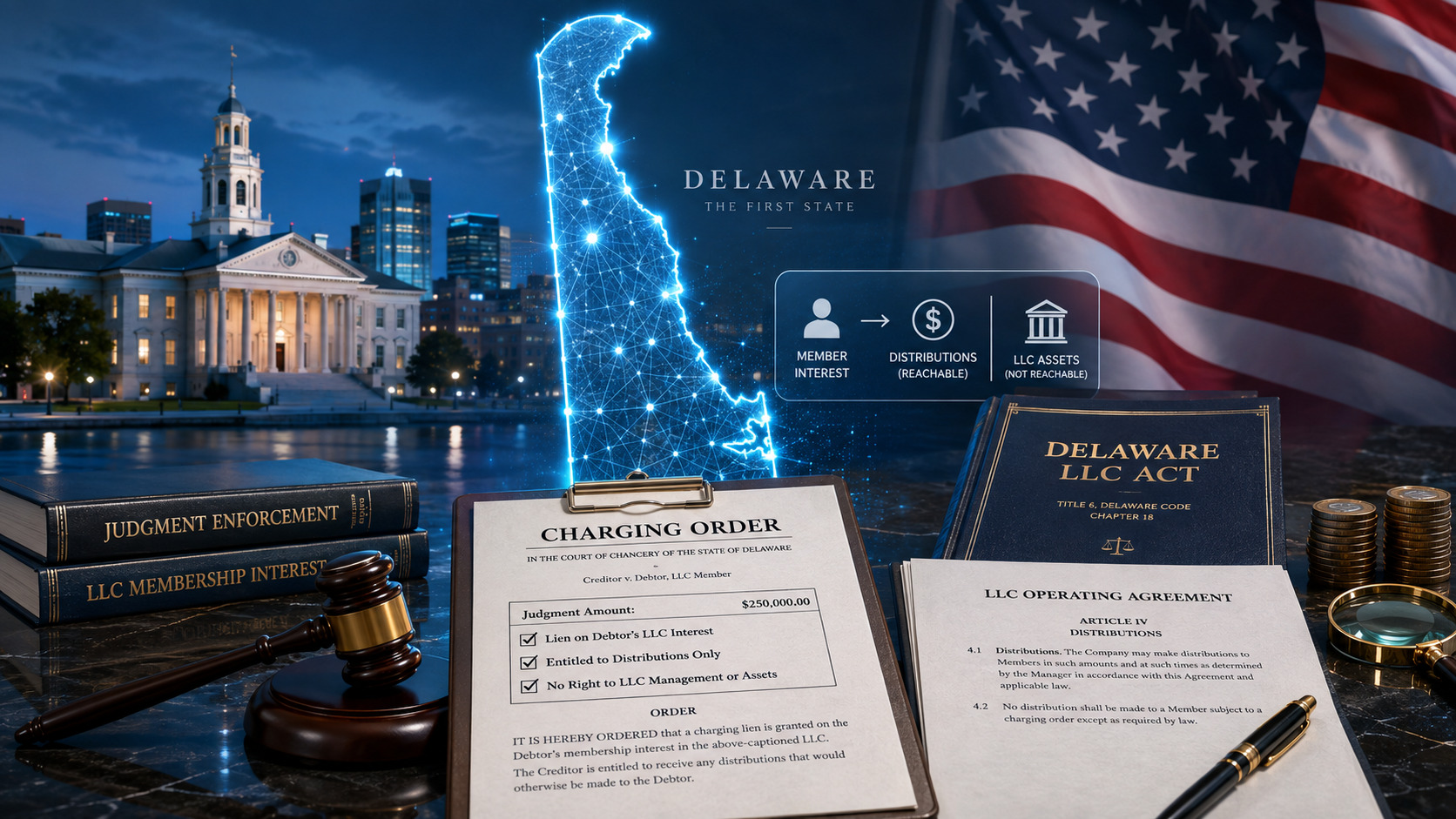 Sądowe obciążenie udziału w spółce z ograniczoną odpowiedzialnością w Delaware, egzekucja wyroku i wypłaty dla wspólnika