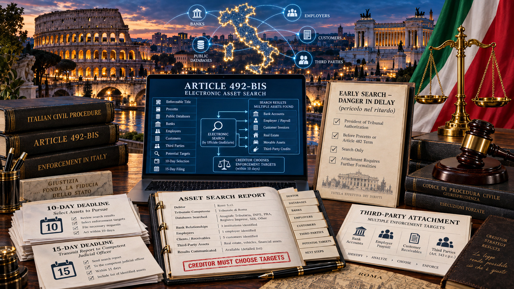 Electronic asset search in Italy identifying bank accounts, employers, customers and other enforcement targets for debt recovery