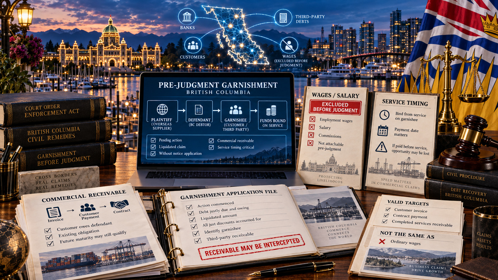 Pre-judgment garnishment of a commercial receivable in British Columbia, with third-party debt, court documents and wage exclusion