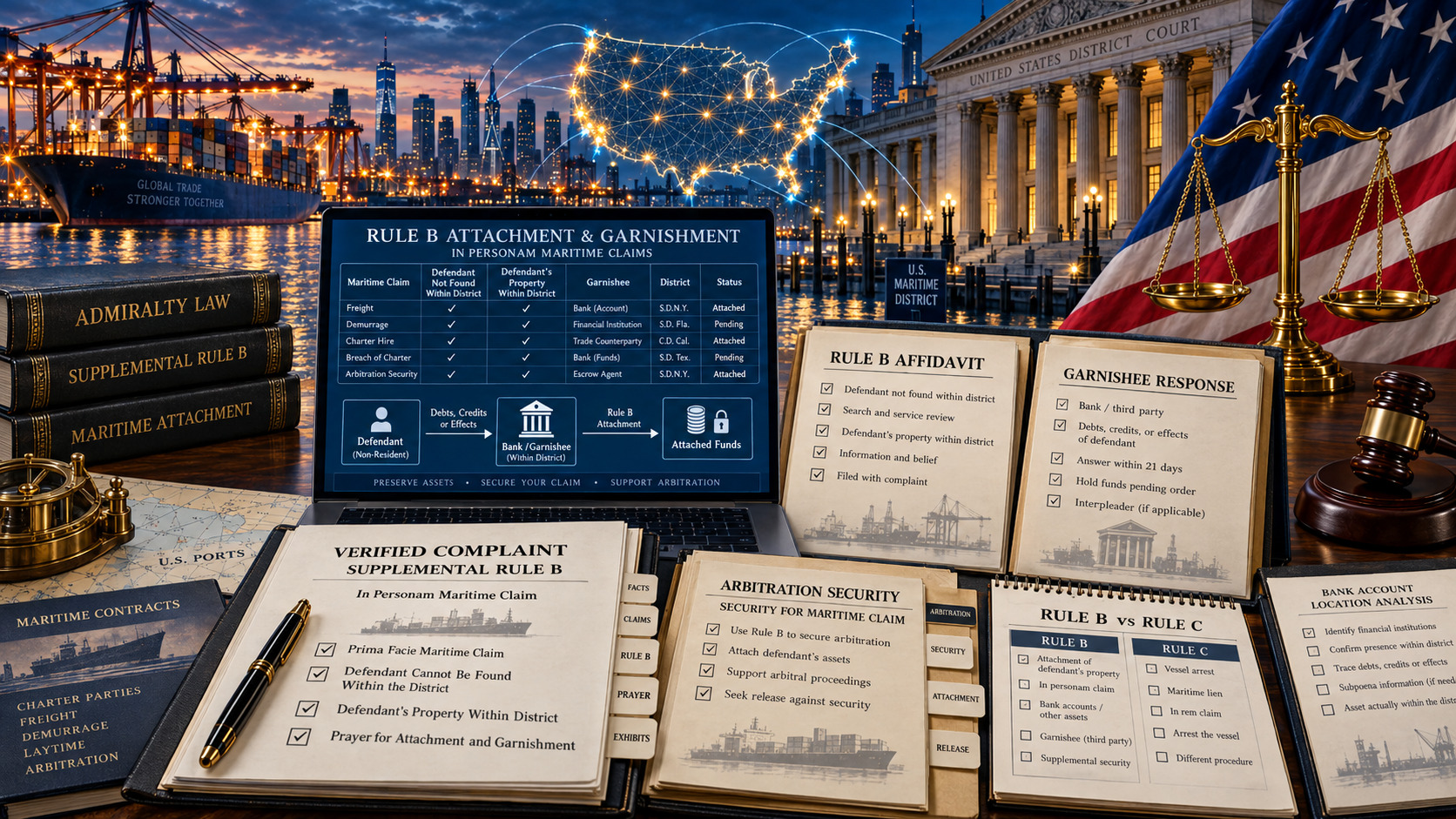 Maritime attachment and garnishment in the United States against a debtor’s property, with bank assets, court documents and arbitration security