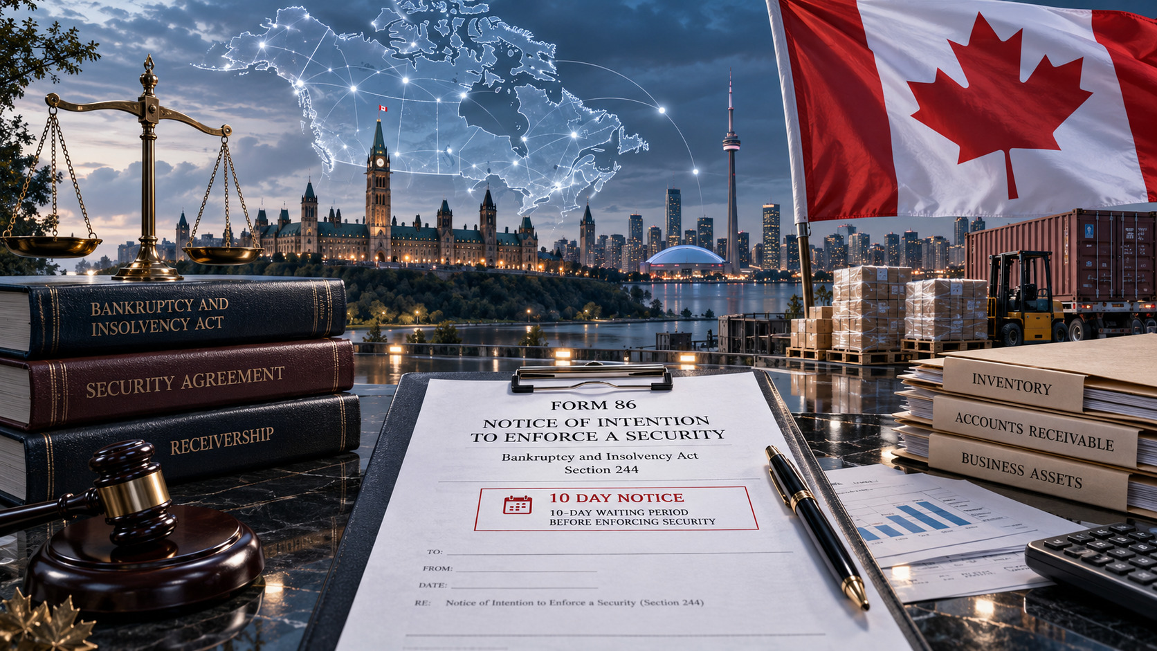 Ten-day notice before enforcing security against an insolvent Canadian business, with secured assets, legal documents and enforcement symbols