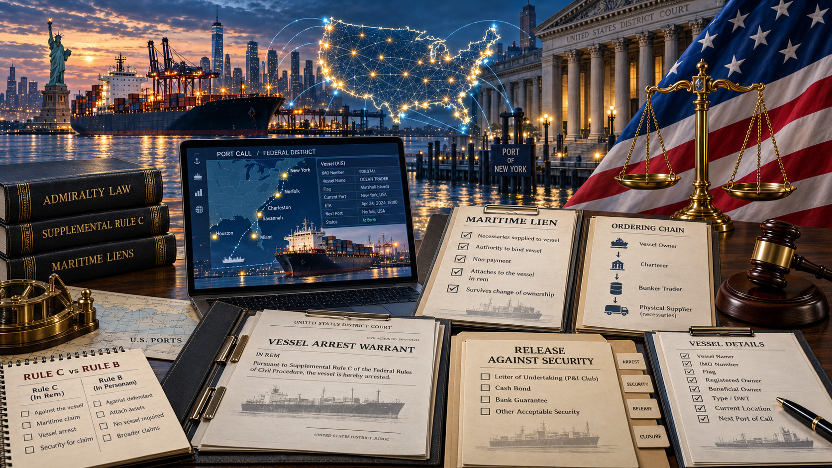 Vessel arrest in the United States for enforcement of a maritime lien, with port tracking, court documents and security for release