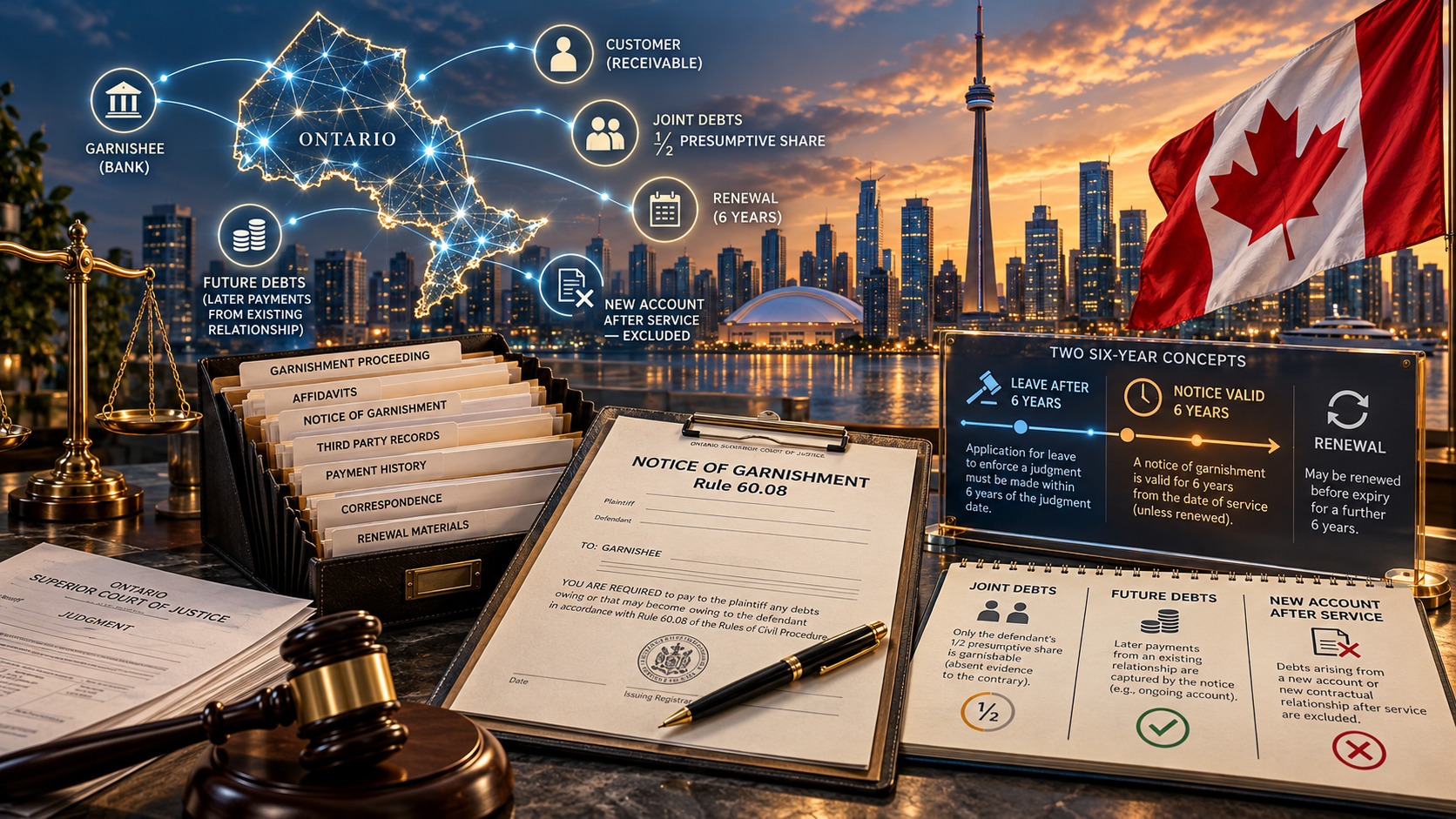 Ontario’da üçüncü kişi nezdindeki alacakların haczi, banka hesapları, ortak alacaklar, gelecekteki ödemeler ve bildirimin altı yıllık yenilenmesi